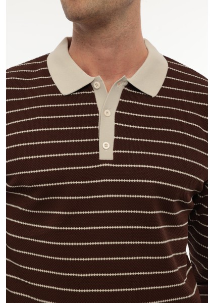 Kahverengi Düğme Detaylı Çizgili Polo Yaka Triko Kazak -2446 indirimleri