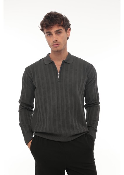 Füme Petek Dokulu Fitilli Polo Yaka Triko Kazak- 2445