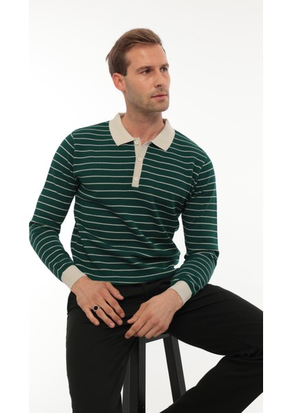 Nefti Düğme Detaylı Çizgili Polo Yaka Triko Kazak -2446