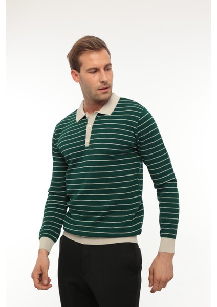 Nefti Düğme Detaylı Çizgili Polo Yaka Triko Kazak -2446 indirimleri