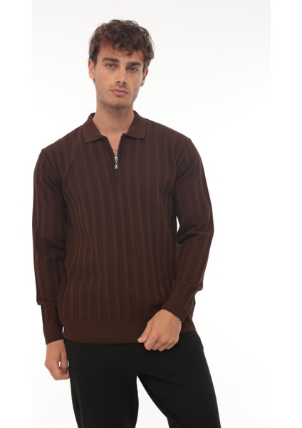 Kahverengi Petek Dokulu Fitilli Polo Yaka Triko Kazak- 2445