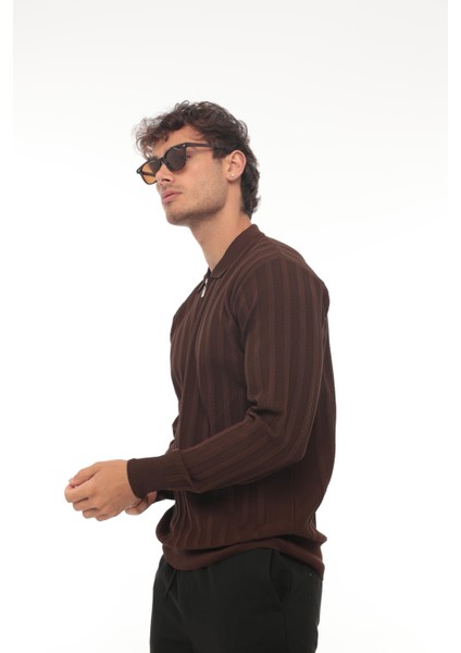 Kahverengi Petek Dokulu Fitilli Polo Yaka Triko Kazak- 2445 modelleri