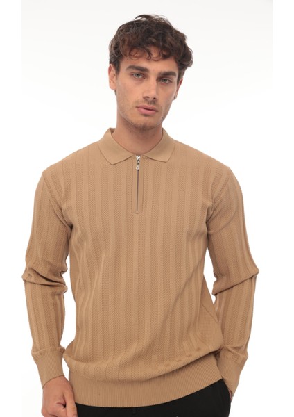 Kamel Petek Dokulu Fitilli Polo Yaka Triko Kazak- 2445