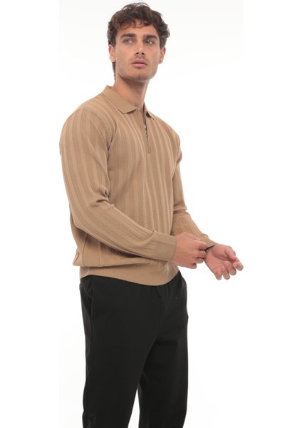 Kamel Petek Dokulu Fitilli Polo Yaka Triko Kazak- 2445 modelleri