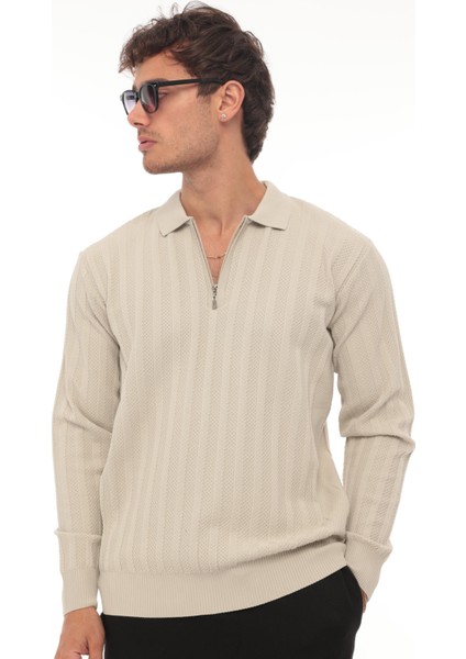 Taş Polo Yaka Triko Kazak Erkek Günlük Kullanım İçin Orta Kalınlıkta Bej Renk