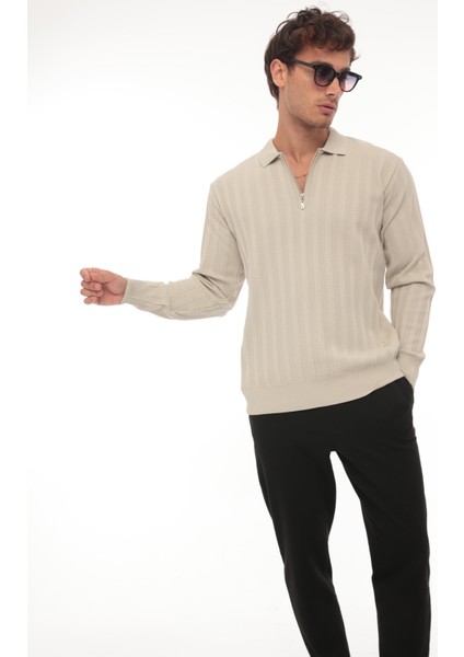 Taş Polo Yaka Triko Kazak Erkek Günlük Kullanım İçin Orta Kalınlıkta Bej Renk fiyatları