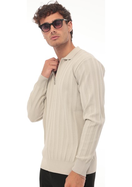 Taş Polo Yaka Triko Kazak Erkek Günlük Kullanım İçin Orta Kalınlıkta Bej Renk modelleri