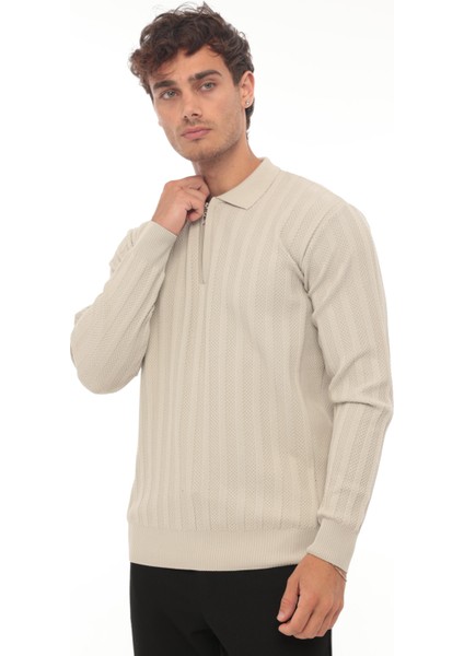 Taş Polo Yaka Triko Kazak Erkek Günlük Kullanım İçin Orta Kalınlıkta Bej Renk indirimleri