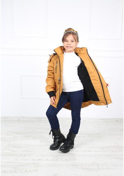 Kız Çocuk Hardal Sarısı Kapüşonu Suni Kürk Peluşlu Içi Suni Kürklü Oxford Kumaş Mont Kaban fiyatları