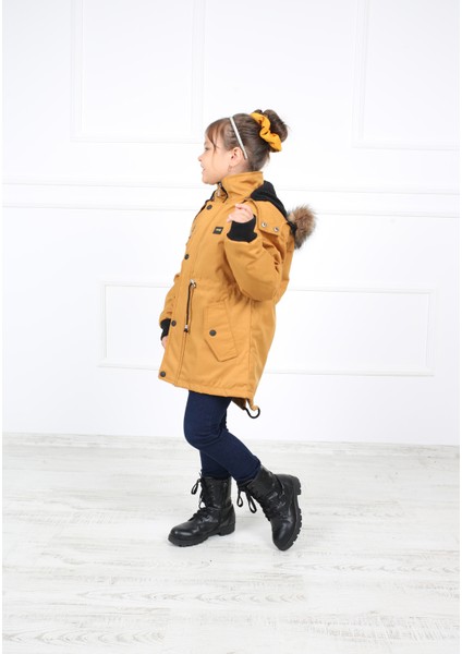 Kız Çocuk Hardal Sarısı Kapüşonu Suni Kürk Peluşlu Içi Suni Kürklü Oxford Kumaş Mont Kaban modelleri
