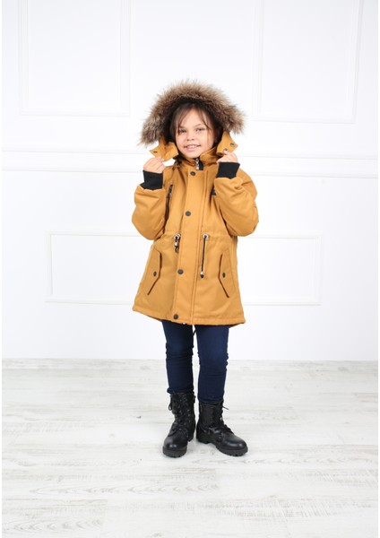 Kız Çocuk Hardal Sarısı Kapüşonu Suni Kürk Peluşlu Içi Suni Kürklü Oxford Kumaş Mont Kaban fırsatları