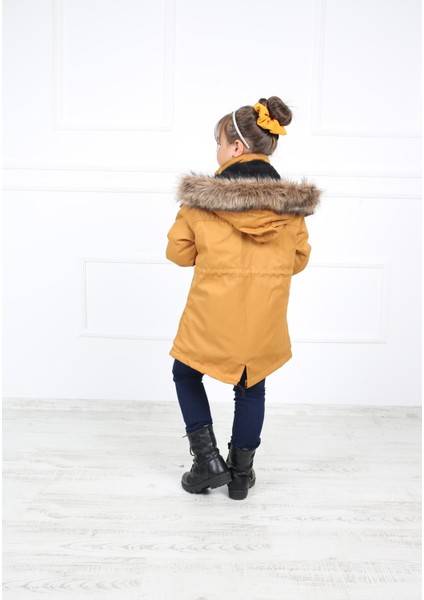 Kız Çocuk Hardal Sarısı Kapüşonu Suni Kürk Peluşlu Içi Suni Kürklü Oxford Kumaş Mont Kaban indirimleri