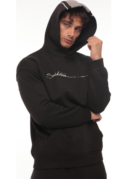 Siyah Sırt Şeritli Kapüşonlu Üç Iplik Oversize SWEATSHIRT-2437