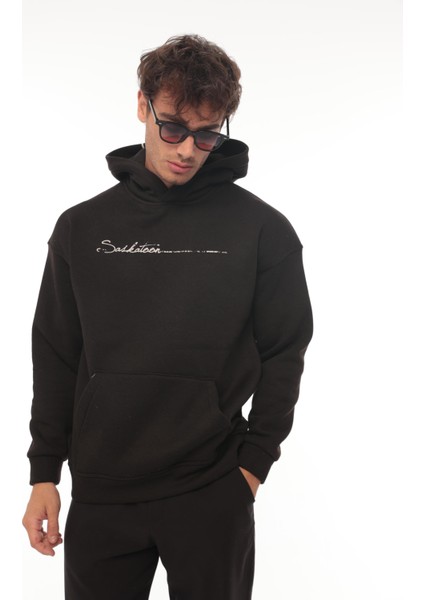Siyah Sırt Şeritli Kapüşonlu Üç Iplik Oversize SWEATSHIRT-2437