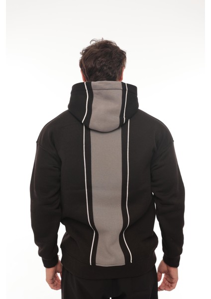 Siyah Sırt Şeritli Kapüşonlu Üç Iplik Oversize SWEATSHIRT-2437