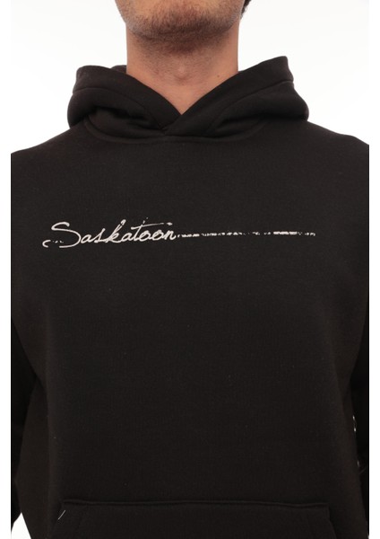 Siyah Sırt Şeritli Kapüşonlu Üç Iplik Oversize SWEATSHIRT-2437