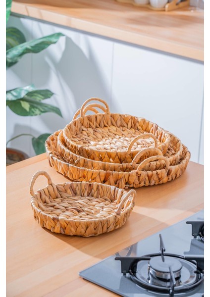 Wicker 4 Parça Hasır Yuvarlak Sepet