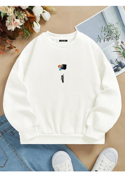 Oversize Bisiklet Yaka Basic Balloon Astronaut Baskılı Sweatshirt - Ekru