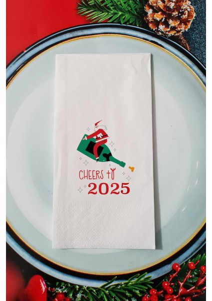 Cheers to 2026 Şampanya ve Noel Baba Desenli Yılbaşı - Yeni Yıl Sunum Peçetesi