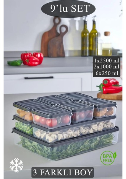 9'lu Set Dondurucu, Bakliyat, Yemek Kabı, Taze Gıda Saklama Kabı