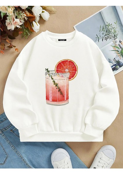 Oversize Bisiklet Yaka Basic Orange Cocktail Baskılı Sweatshirt - Ekru