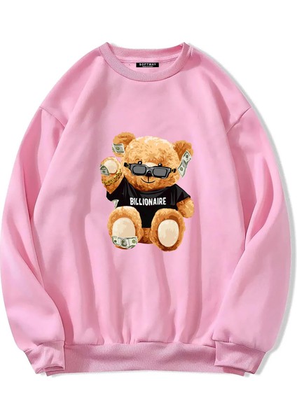 Oversize Bisiklet Yaka Basic Billionaire Baskılı Sweatshirt - Pembe