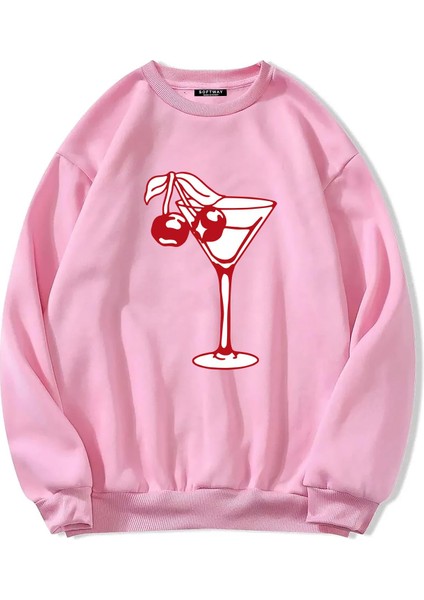 Oversize Bisiklet Yaka Basic Cherry Cocktail Baskılı Sweatshirt - Pembe