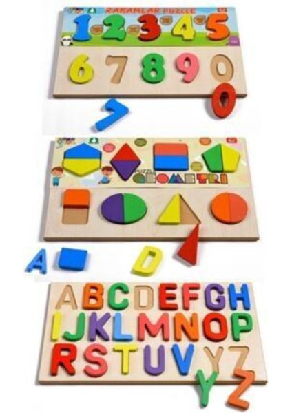 Ahşap Puzzle 3'ü 1 Arada Alfabe - Geometri - Sayılar