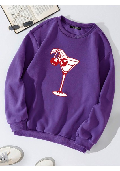 Oversize Bisiklet Yaka Basic Cherry Cocktail Baskılı Sweatshirt - Mor