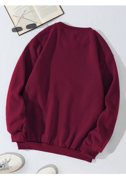 Oversize Bisiklet Yaka Basic Shining Metallic Star Baskılı Sweatshirt - Bordo