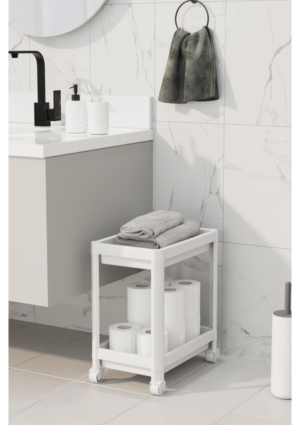 Homenıva 2 Katlı Tekerlekli Banyo Düzenleyici Raf, Deterjanlık, Mutfak Tezgah ve Evye Altı