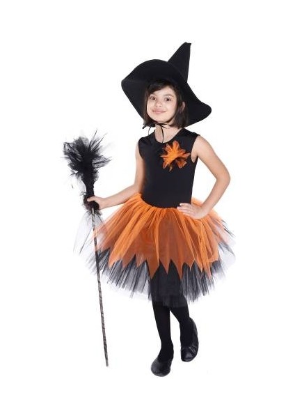 Siyah Şapkalı Süpürgeli Cadı Kostümü - Halloween Bayramı - Cadılar Bayramı Kostümü