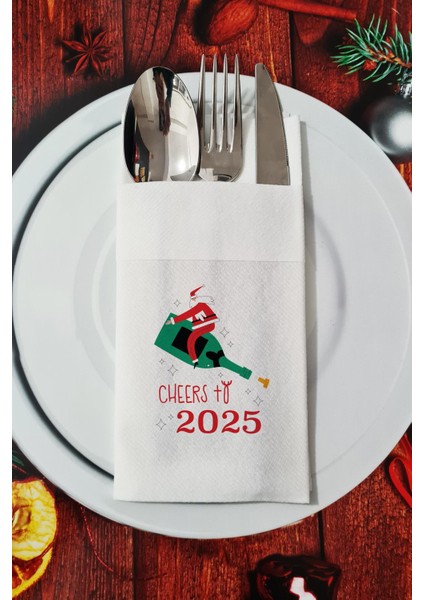 Kumaş Dokulu Cheers to 2026 Şampanya ve Noel Baba Yılbaşı - Yeni Yıl Sunum Peçetesi