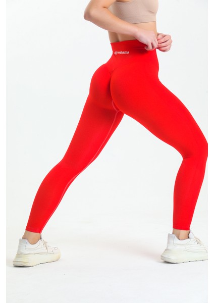 Kırmızı Kalçası Büzgülü ve Ekstra Push Up Seamless Yüksek Bel Kalça Şekillendirici Tayt