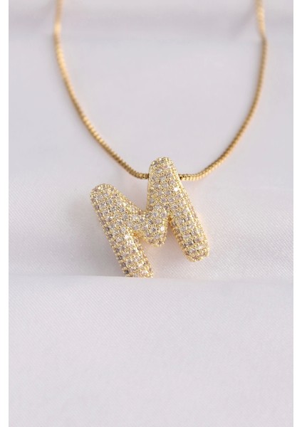 316L Çelik Zincirli Zirkon Taşlı M Harfli Gold Renk Bubble Kolye - TJ-BKO8576