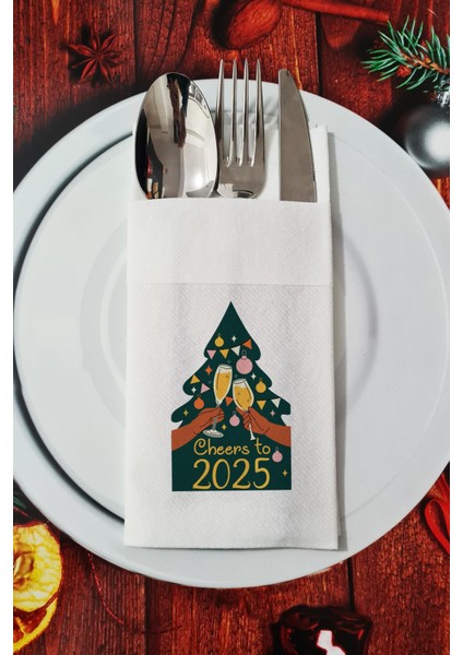 Kumaş Dokulu Cheers to 2026 Yılbaşı Ağacı - Yeni Yıl Sunum Peçetesi