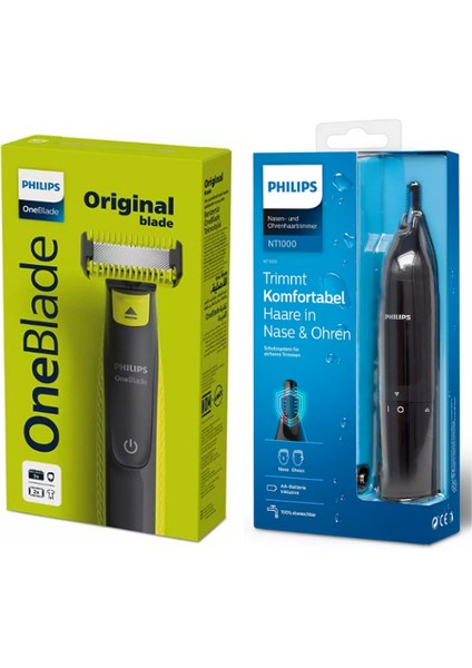 QP2824/10 Oneblade Yüz/vücut Şekillendirici, NT1650 Burun/kulak Kıl, Tüy Temizleme 2'li Avantaj Set