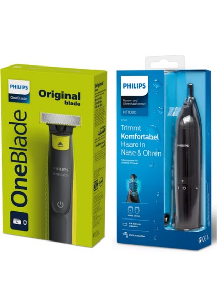 QP2724/10 Oneblade Yüz Şekillendirici, NT1650 Burun/kulak Kıl, Tüy Temizleme 2'li Avantaj Set