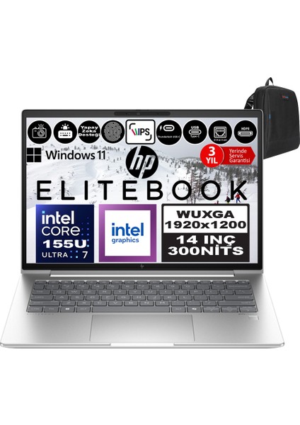 Hp Elitebook 640 G11 Intel Core Ultra 7 155U Ddr5 32GB 512GB SSD Intel® Aı Boost 14" Wuxga IPS Windows 11 Pro Taşınabilir Bilgisayar 9Y7L4ETP09 + Zetta Çanta