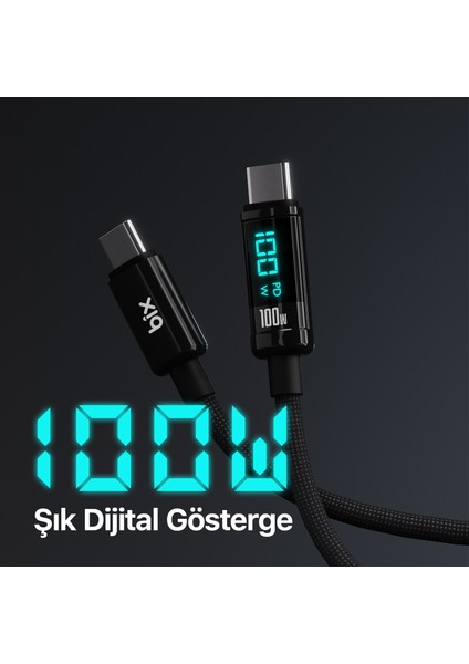 BX09CC Type-C To Type-C 100W 480MBPS E-Marker LED Dijital Ekranlı Şarj ve Data Kablosu 1 Metre