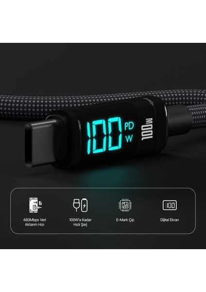 BX09CC Type-C To Type-C 100W 480MBPS E-Marker LED Dijital Ekranlı Şarj ve Data Kablosu 1 Metre