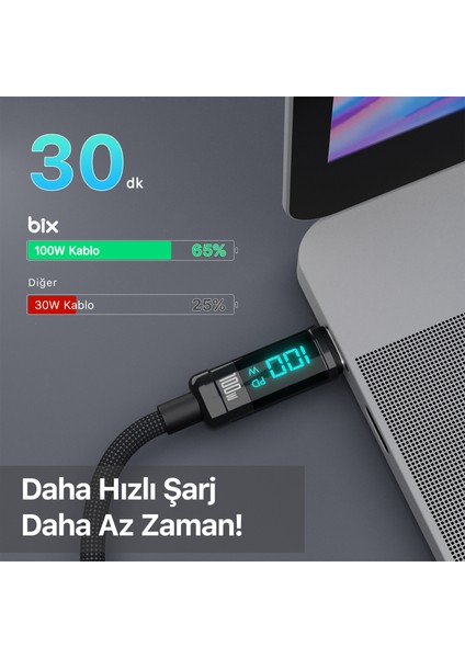 BX09CC Type-C To Type-C 100W 480MBPS E-Marker LED Dijital Ekranlı Şarj ve Data Kablosu 1 Metre