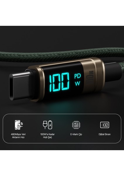 BX09CC Type-C To Type-C 100W 480MBPS E-Marker LED Dijital Ekranlı Şarj ve Data Kablosu 1 Metre