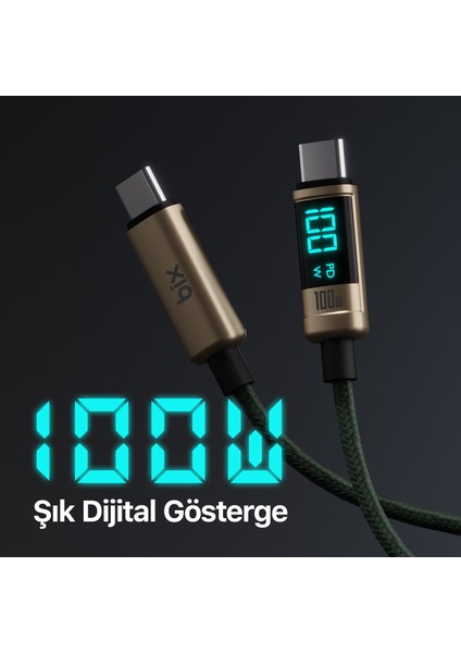 BX09CC Type-C To Type-C 100W 480MBPS E-Marker LED Dijital Ekranlı Şarj ve Data Kablosu 1 Metre
