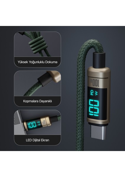 BX09CC Type-C To Type-C 100W 480MBPS E-Marker LED Dijital Ekranlı Şarj ve Data Kablosu 1 Metre