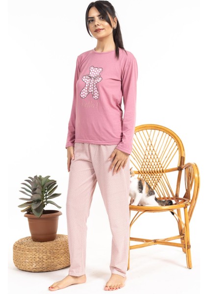 Kadın 2918 Uzun Kol Desenli Pijama Takımı Gül Kurusu