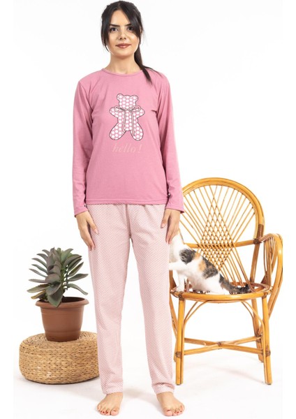 Kadın 2918 Uzun Kol Desenli Pijama Takımı Gül Kurusu