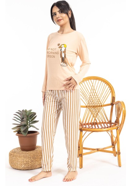 Kadın 2912 Uzun Kol Desenli Pijama Takımı Bej