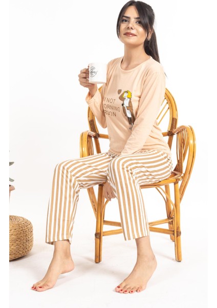 Kadın 2912 Uzun Kol Desenli Pijama Takımı Bej