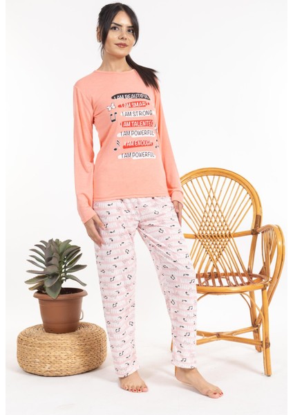 Kadın 2468 Uzun Kol Desenli Pijama Takımı Turuncu